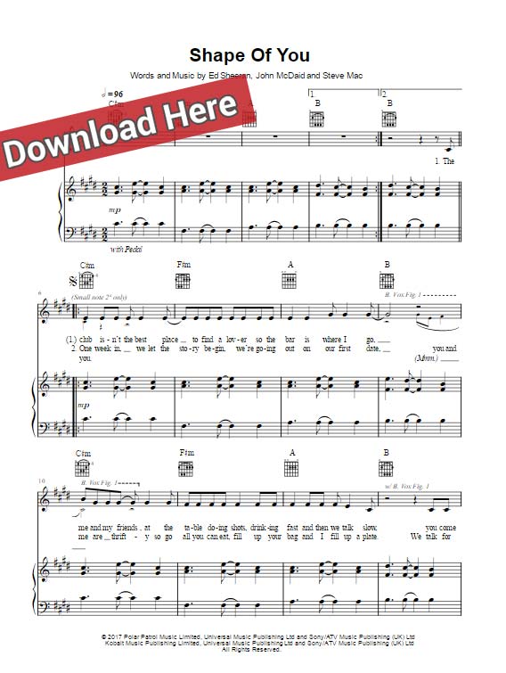 Ed Sheeran Shape Of You Sheet Music Chords Pdf Piano Notes