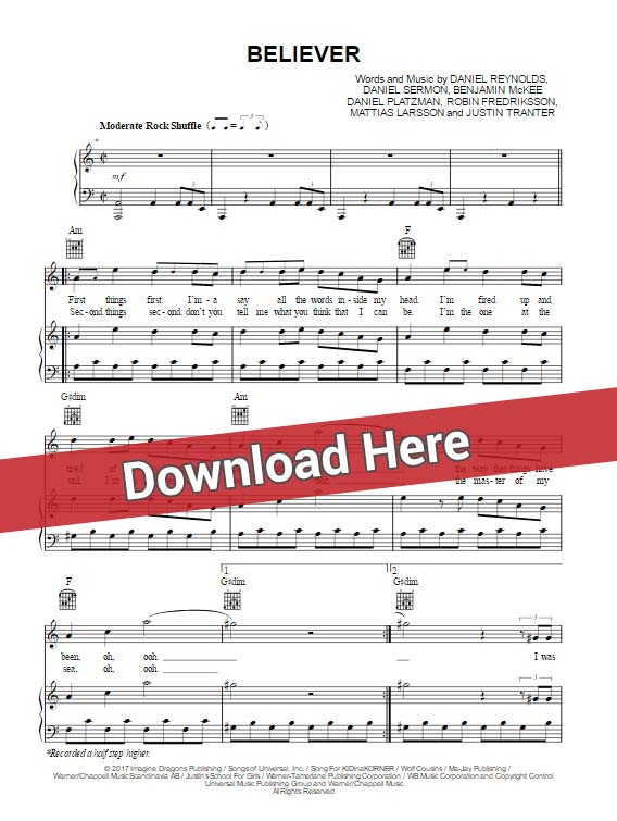 imagine dragons, believer, sheet music, piano notes, chords, download, pdf, klaiver noten, tutorial, how to play, composition