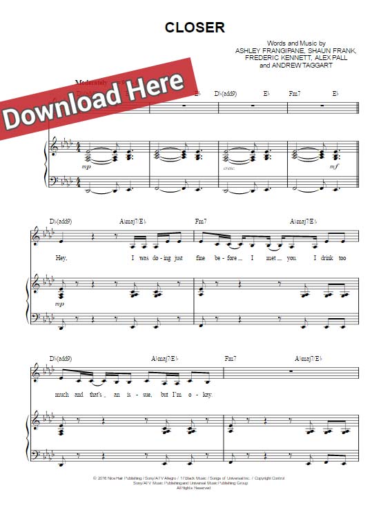 the chainsmokers, closer, piano sheet music notes, chords, download, klavier noten, keyboard, guitar, vocals, how to play, tutorial, lesson